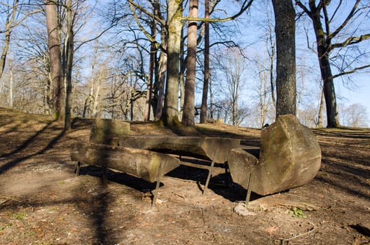 empty wooden park chairs benches and table made of tree trunk in spring sun and blue sky on background.