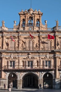 Salamamca, December 2012. City hall facade on Plaza Mayor. Built in 1729 - 1756 on baroque style architecture, designed by Alberto Churriguera.  City of Castilla and Leon region. 150,000 population. UNESCO World Heritage Site since 1988.