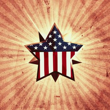 3d golden star with usa flag over vintage background with rays