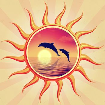 retro illustration of sun with swimming dolphins 