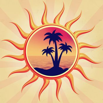 retro illustration of sun with palm and sea inside