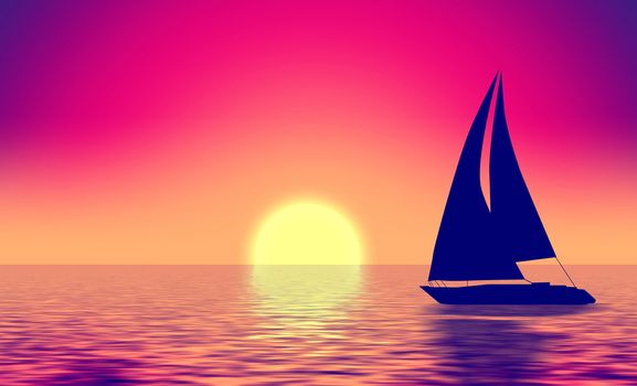 Summer retro illustration boat silhouette in sea and sun