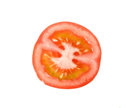 A slice of red tomato isolated on white.
