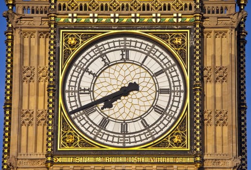 The famous clock face of Big Ben (The Houses of Parliament) in London.