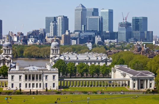 The magnificent view from the Greenwich Observatory taking in sights such as Docklands and the Royal Naval College in London.