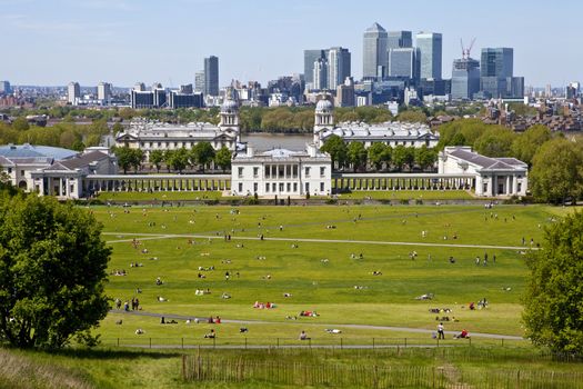 The magnificent view from the Greenwich Observatory taking in sights such as Docklands and the Royal Naval College in London.