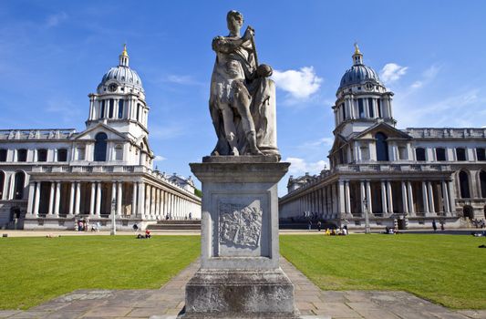 The King George II statue with Queen Mary Court and King William Court in Greenwich, London.