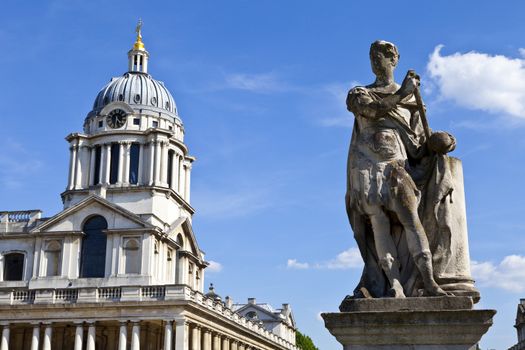 King George II statue and the architecture of Queen Mary Court at the Royal Naval College in Greenwich, London.