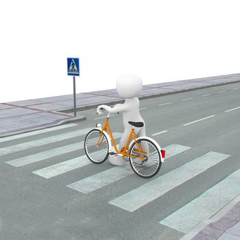 A 3d character pushes his bicycle through the crosswalk.