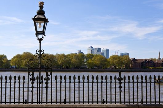 The view of Docklands from the Thames Path in Greenwich.