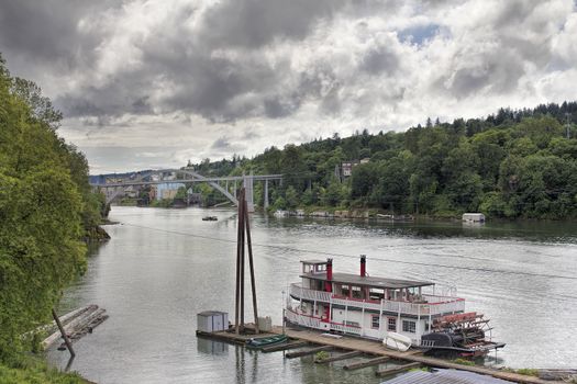 Historic Sternwheeler Docked Along Willamette River in Oregon City