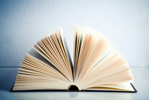 Fanned book on a white reflective surface