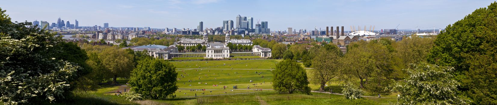 A beautiful panoramic shot taken from the Greenwich Observatory in London.  The view takes in sights such as Docklands, the Royal Naval College, the Gherkin, Millennium Dome, Greenwich Power Station and the River Thames.