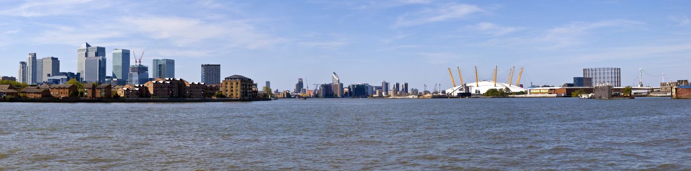 A panoramic view taken from Greenwich taking in the sights of Docklands, the Isle of Dogs and the Millennium Dome in London.