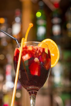 Spanish  cocktail classic sagria against a bar background