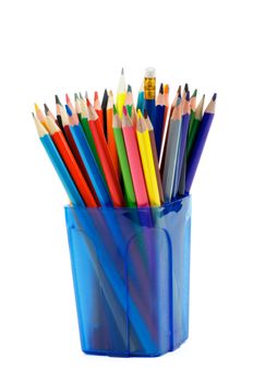 Bunch of Lead, Colored and Crayon Sharp Pencils in Blue Container isolated on white background