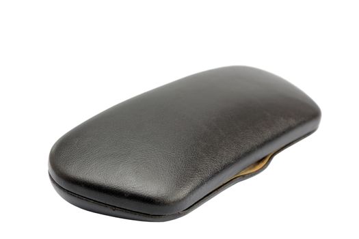 old glasses case made from black leather over white background