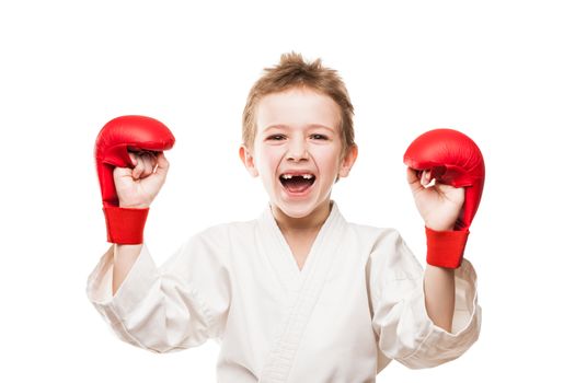 Martial art sport - smiling karate champion child boy gesturing for victory triumph