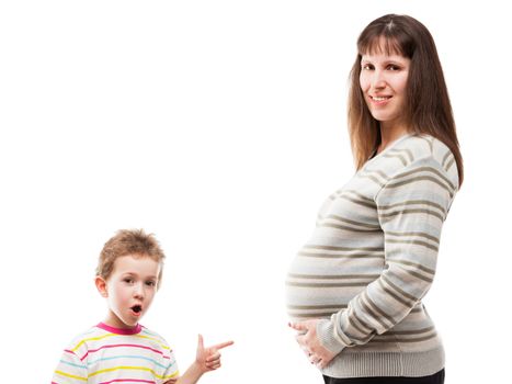 Little amazed or surprised child boy index finger pointing his pregnant mother abdomen white isolated