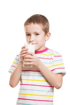 Beauty smiling child boy hand holding milk drink glass white isolated