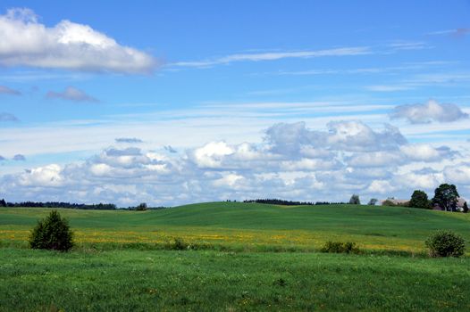 Meadow on a background of the sky and clouds