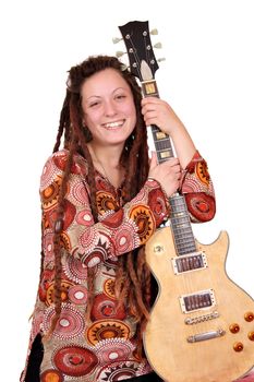 girl with dreadlocks hair and electric guitar portrait