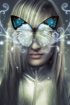 Serious young blond, concept future and modernity, girl with butterfly
