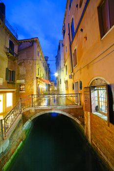 View of a street in venice in the night, Venice, Italy. Vertical view