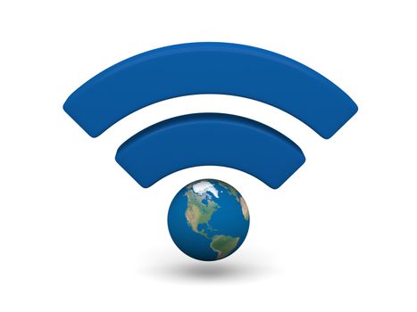 Blue WiFi symbol with planet Earth isolated on white background. Elements of this image furnished by NASA.