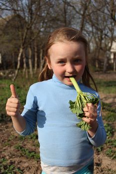 little beautiful girl chewing young sprout of rhubard in the spring