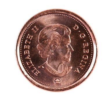 A brand new 2012 shiny Canadian one cent coin with the Queen Elizabeth portrait