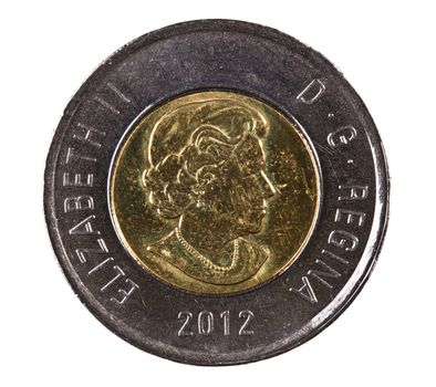 A brand new 2012 shiny Canadian two dollar coin with the Queen Elizabeth portrait