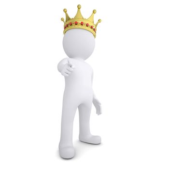 3d white man with the crown pointing the finger at the viewer. Isolated render on a white background