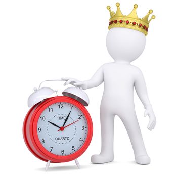 3d white man with a crown holding a red alarm clock. Isolated render on a white background