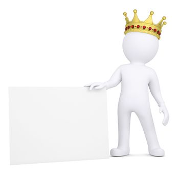 3d white man with a crown holding a blank business card. Isolated render on a white background