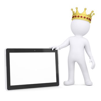 3d white man with a crown holding a tablet PC. Isolated render on a white background