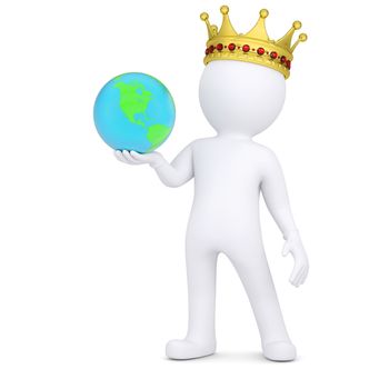 3d white man with a crown holding the Earth. Isolated render on a white background