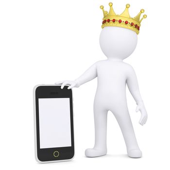 3d white man with a crown holding a smartphone. Isolated render on a white background