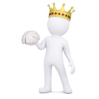 3d white man with a crown keeps the brain. Isolated render on a white background