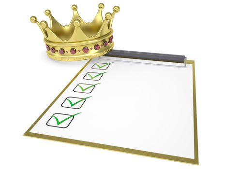 Crown on the checklist. Isolated render on a white background
