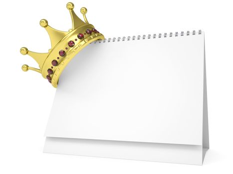 Crown on the desktop calendar. Isolated render on a white background