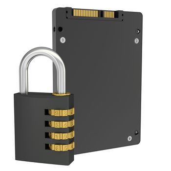 Solid State Drive and combination lock. Isolated render on a white background