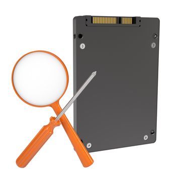 Solid-state drive, magnifying glass and screwdriver. Isolated render on a white background