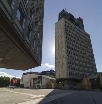 LJUBLJANA, SLOVENIA - MAY 18: Cankarjev dom congress centre and TR3 skyscraper, May 18, 2013 in Ljubljana, Slovenia. 