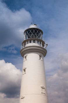 White lighthouse on Flamborough Head in England