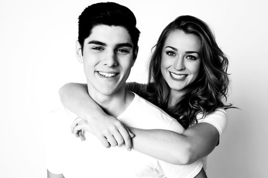 Black and white image of a happy romantic young couple