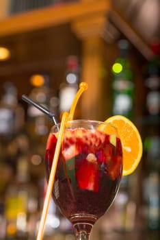 Spanish  cocktail classic sagria against a bar background