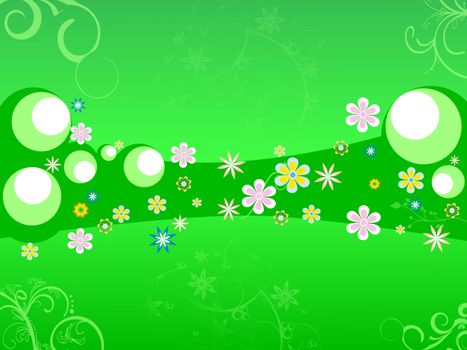 green abstract background with flowers and shapes
