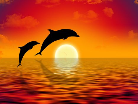 illustration of two dolphins swimming in sunset