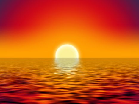 yellow sun over the ocean and red sky